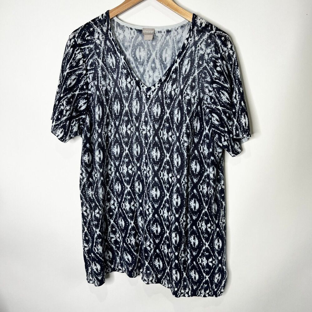 Chicos T-Shirt V-Neck Short Sleeve Knit Navy Blue White Pattern Boho Women 3 XL